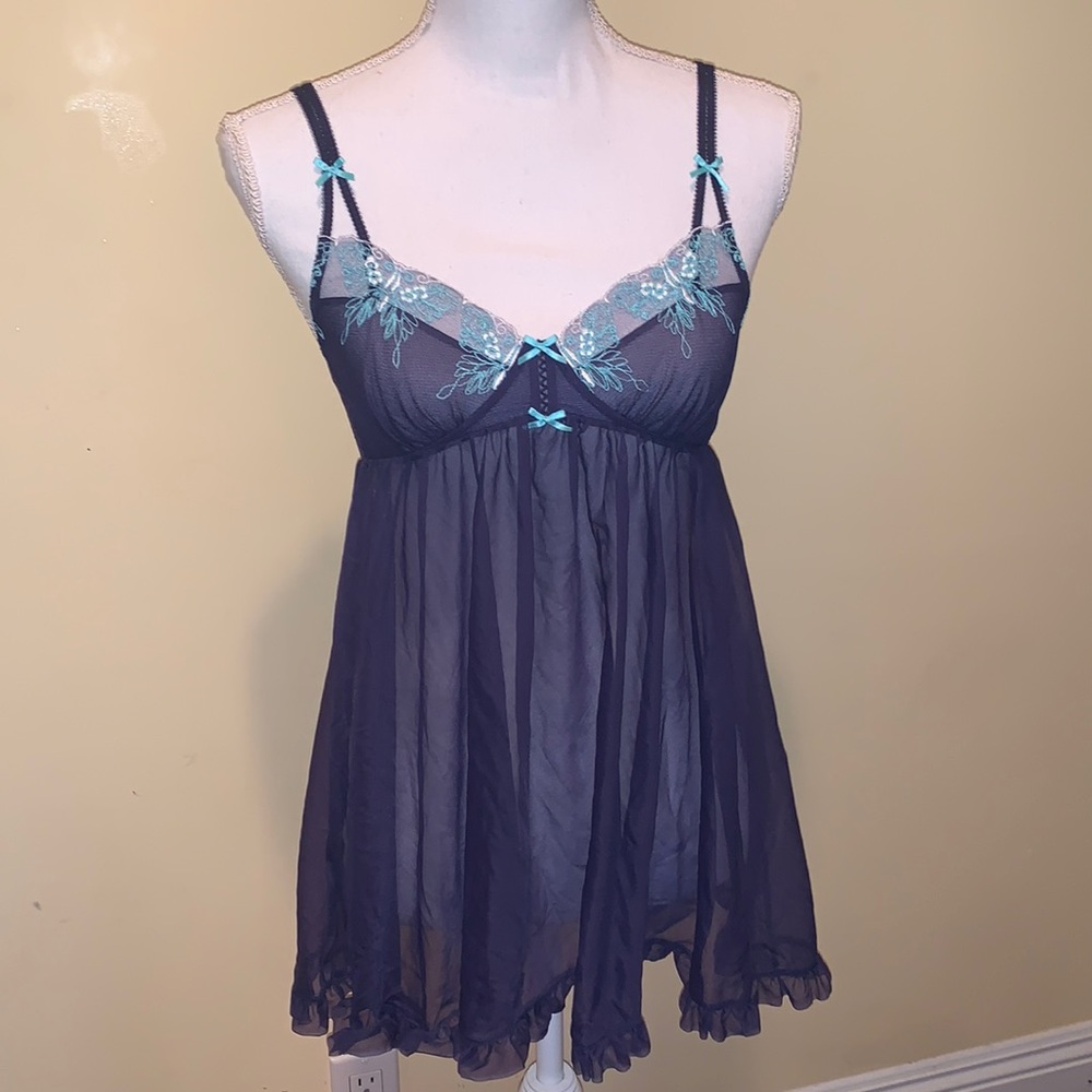 Betsy Johnson Intimates Sleepwear Navy Blue and Aqua Lace Ruffle Sheer Size S